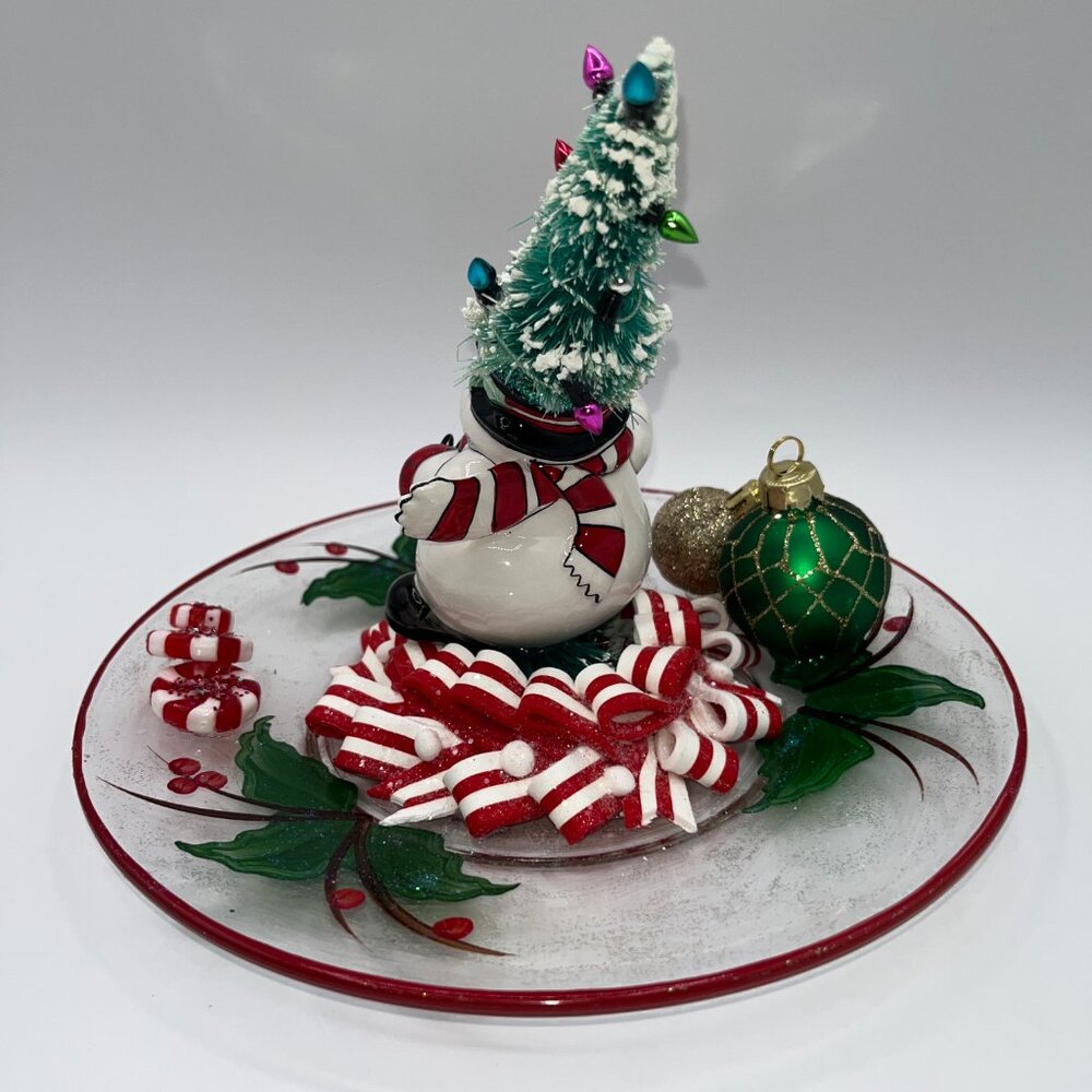 Vintage Ceramic Snowman With Bottle Brush Tree String Light Hat Candy Cane OOAK - Picture 5 of 16